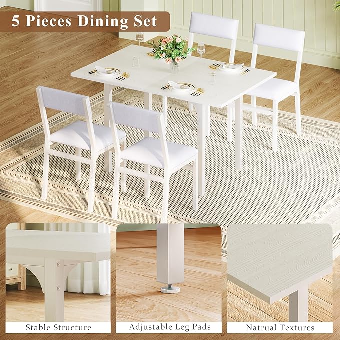 Dining Table Set for 4, Extendable Kitchen Table Cushion Chairs Set of 4, Rectangle Dining Table with Metal Frame & MDF Board, Folding for Small Apartment Saving Space, White