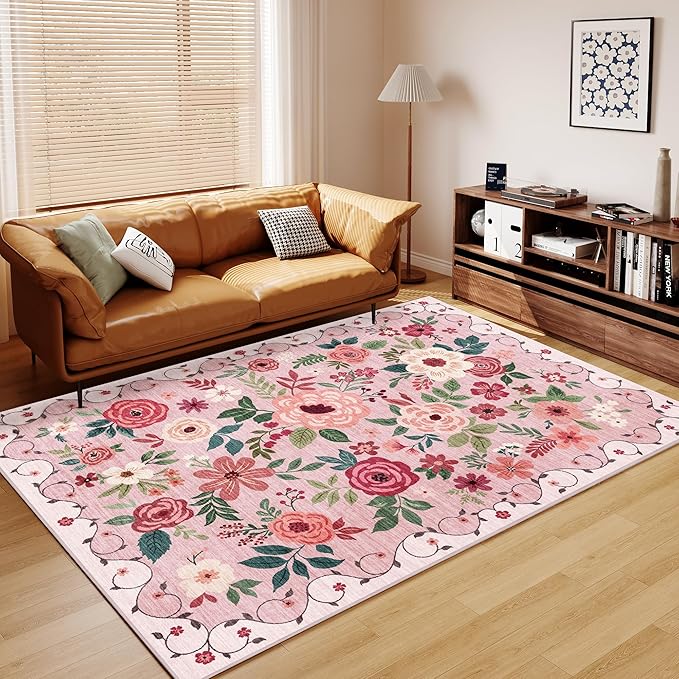 DUKINO 6x9 Area Rug, Floral Rugs for Living Room, Lightweight Non Slip Washable Rug, Indoor Low Pile & Non-Shedding Boho Design Rugs for Bedroom, Living Room, Dining Room, Pink