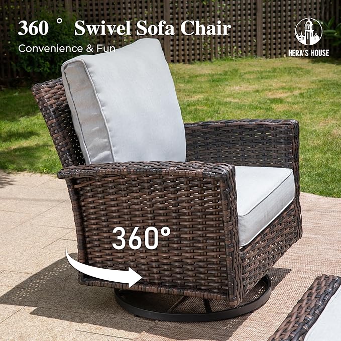 High Back Outdoor Swivel Chairs with 5.5" Thick Cushions, Wicker Rattan Patio Chairs Set of 2, Porch Deck Balcony Backyard Furniture, Grey