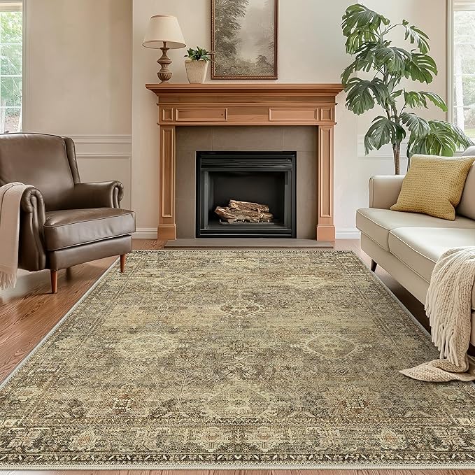 GENIMO 6X9 Area Rugs for Living Room, Machine Washable Non Slip Vintage Floral Patchwork Rug, Thin Low Pile Chenille Carpet Rugs for Bedroom, Dining Room, Straw