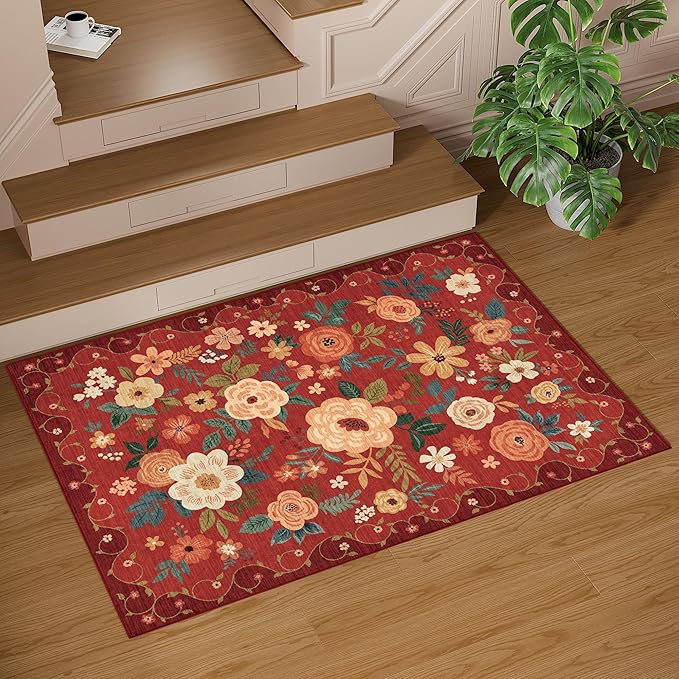 DUKINO 2x3 Rugs for Entryway, Floral Indoor Washable Door Mat, Non Slip Boho Small Rug for Kitchen, Soft Low Pile Front Door Throw Rug for Entrance, Bedroom, Kitchen, Laundry, Bathroom, Red