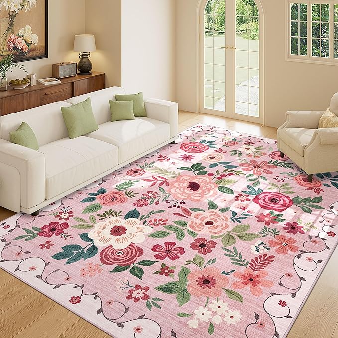 DUKINO 5x7 Area Rug, Nursery Floral Rugs for Living Room, Lightweight Non Slip Washable Rug, Indoor Low Pile & Non-Shedding Boho Design Rugs for Girls Bedroom, Kids Playroom, Dining Room, Pink