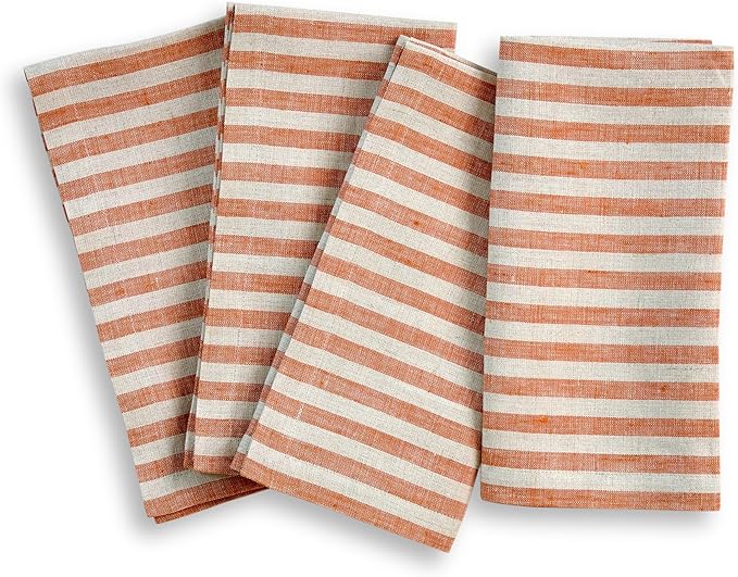 Solino Home Linen Napkins Set of 4-100% Pure Linen Amalfi Stripe Pumpkin and Natural Cloth Dinner Napkins 20 x 20 Inch for Fall, Autumn, Halloween, Thanksgiving - Handcrafted and Machine Washable