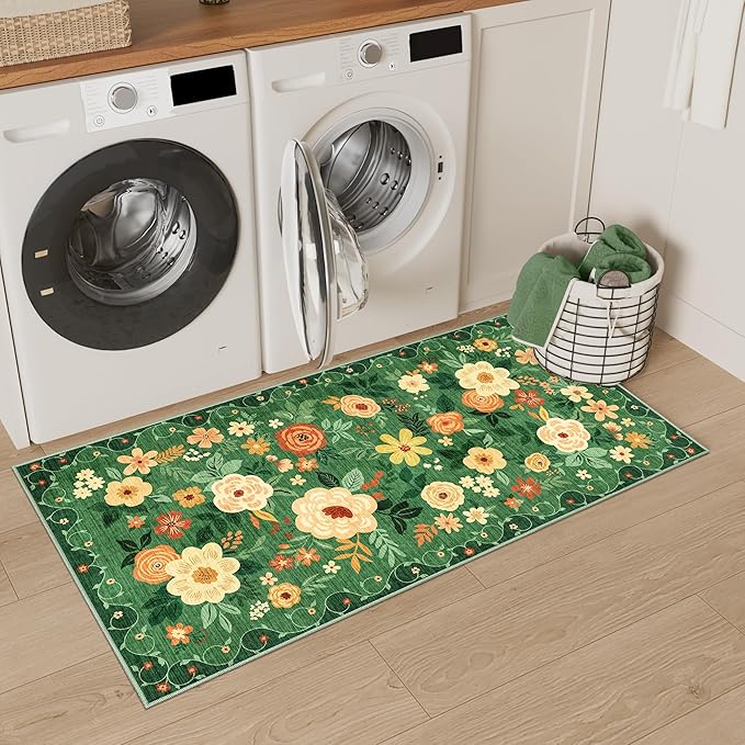 DUKINO 2x4 Rug for Entryway, Washable Kitchen Floral Runner Rug with Non Slip Backing, Low Pile Soft Boho Carpet for Kitchen, Hallway, Entryway, Laundry, Bedroom, Dark Green