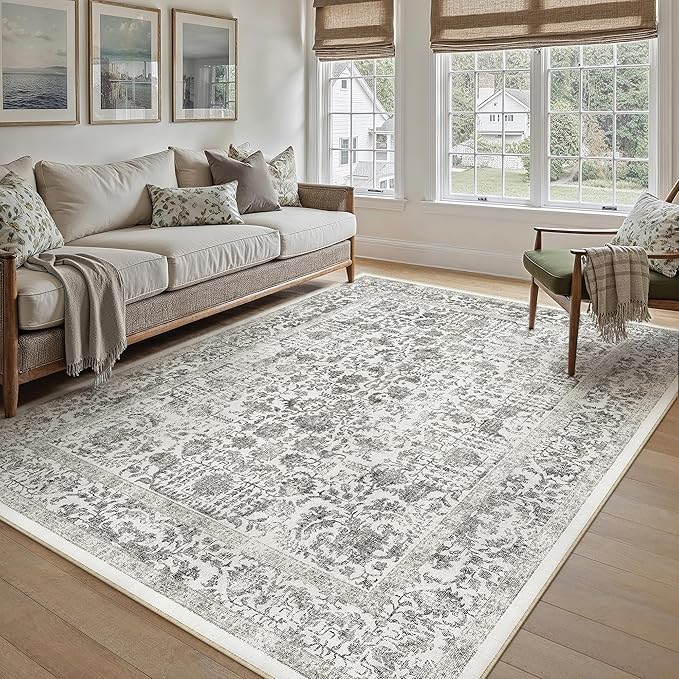 Black Area Rug 5x7 Machine Washable Vintage Living Room Distressed Non Slip Carpet Traditional Indoor Bedroom Retro Floral Accent Throw Large Rug Office Kitchen Bathroom Dining Room