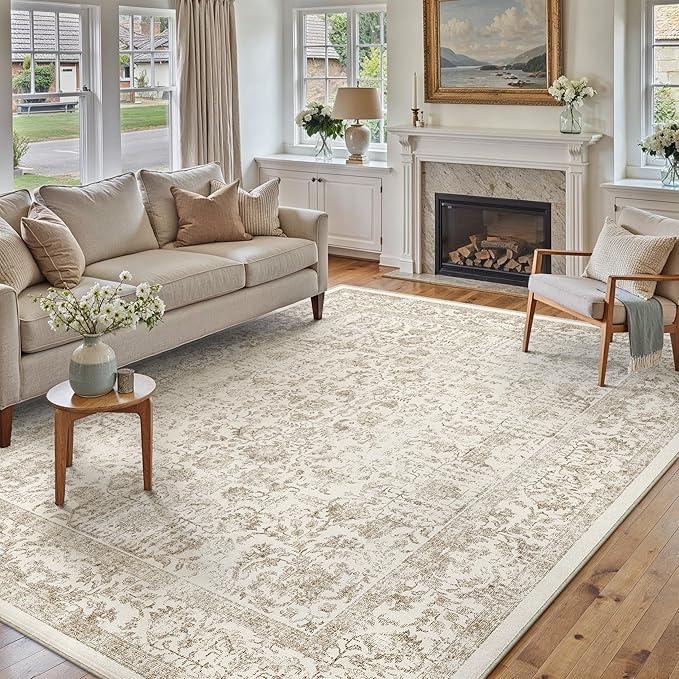 Light Brown Area Rug 8x10 Machine Washable Large Vintage Living Room Distressed Non Slip Carpet Traditional Indoor Bedroom Retro Floral Accent Throw Rug for Office Kitchen Dining Room