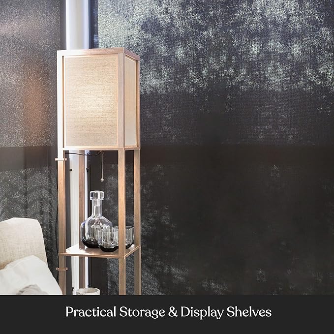 Brightech Maxwell - Modern Shelf Floor Lamp with Lamp Shade and LED Bulb - Corner Display Floor Lamps with Shelves for Living Room, Bedroom and Office - Natural Wood