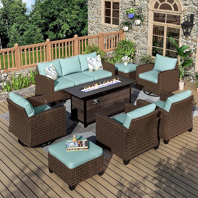 Swivel Glider Patio Furniture Set, 8 Pcs Wicker Rattan Outdoor Conversation Set, 2 x Swivel Chairs, 2 x Leg Chairs, 1 x 3 Seater Sofa and 2 x Ottomans and 56" Fire Pit Table, Blue