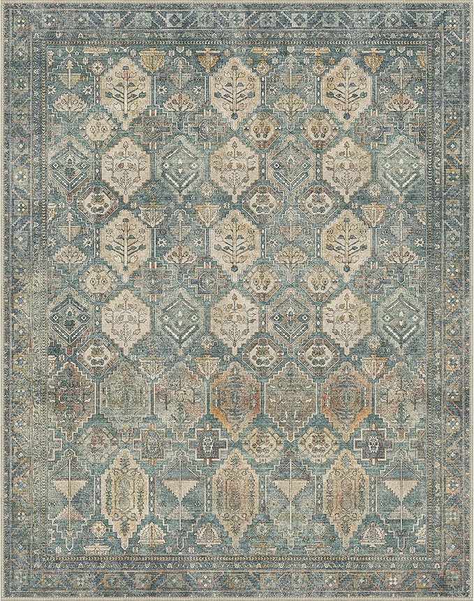 GENIMO 8x10 Area Rugs for Living Room, Machine Washable Non Slip Vintage Rugs, Low Pile Lightweight Chenille Print Rug for Bedroom, Dining Room, Home Office, Sage Teal