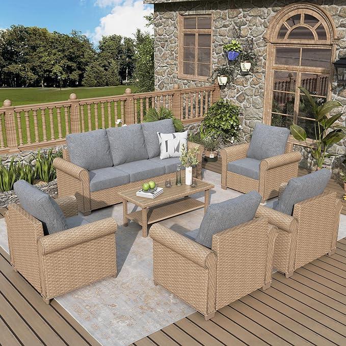 Patio Furniture Set 6 pcs, Wicker Outdoor Patio Furniture, 3-Seat Sofa, 4 Single Chairs and Coffee Table, Rattan Patio Conversation Set for Backyard Deck, Grey