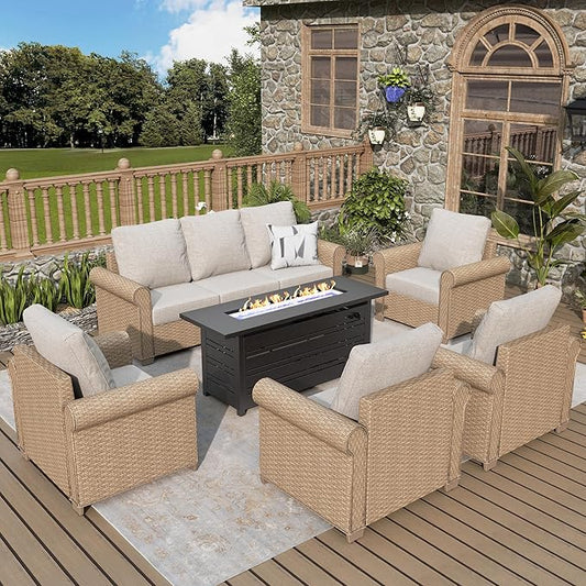 Patio Furniture Set 6 pcs, Wicker Outdoor Patio Furniture, 3-Seat Sofa, 4 Single Chairs and 56" Gas Fire Pit Table, Rattan Patio Conversation Set for Backyard Deck, Beige