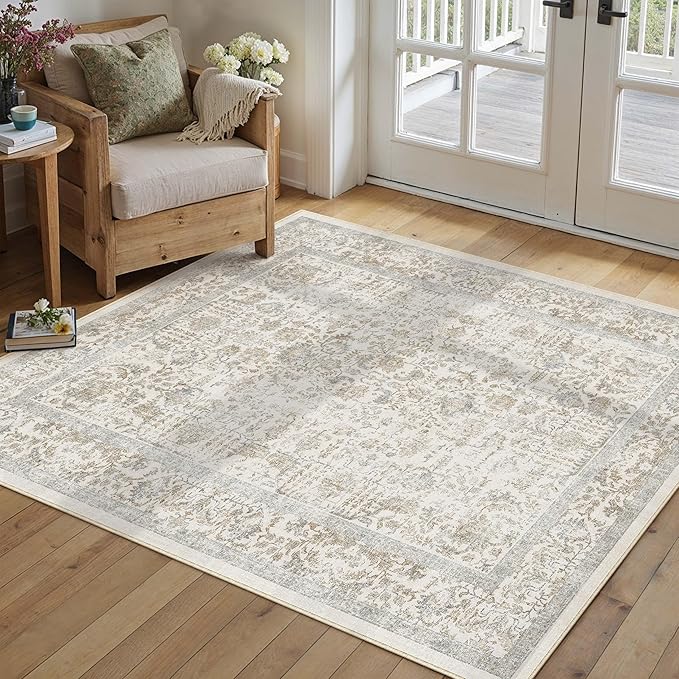 Taupe Area Rug 3x5 Office Entryway Rug Machine Washable Kitchen Vintage Distressed Non Slip Carpet Indoor Retro Floral Accent Throw Door Mat for Bathroom Bedroom Dining Living Room