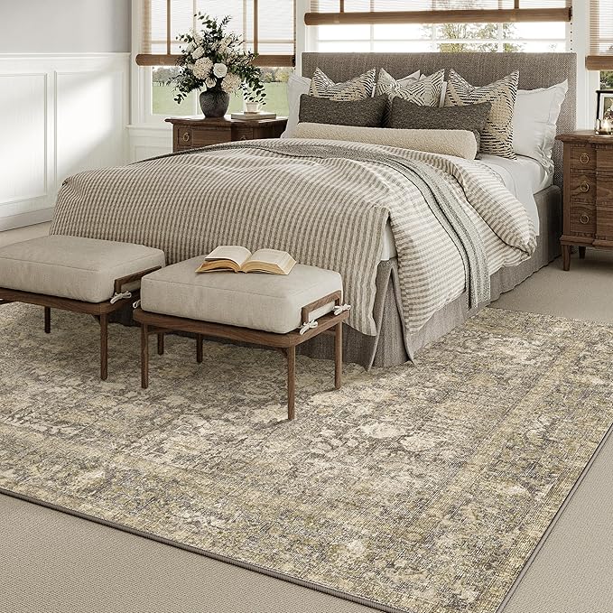 Brown Area Rug 8x10 Machine Washable Large Vintage Living Room Distressed Non Slip Carpet Traditional Indoor Bedroom Retro Floral Accent Throw Rug for Office Kitchen Dining Room