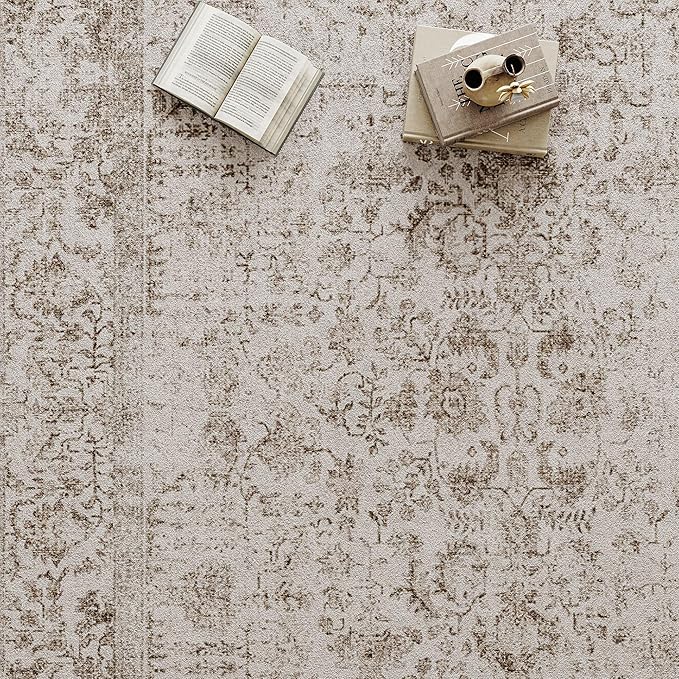 Light Brown Area Rug 4x5 Office Entryway Rug Machine Washable Kitchen Vintage Distressed Non Slip Carpet Indoor Retro Floral Accent Throw Door Mat for Bathroom Bedroom Dining Living Room