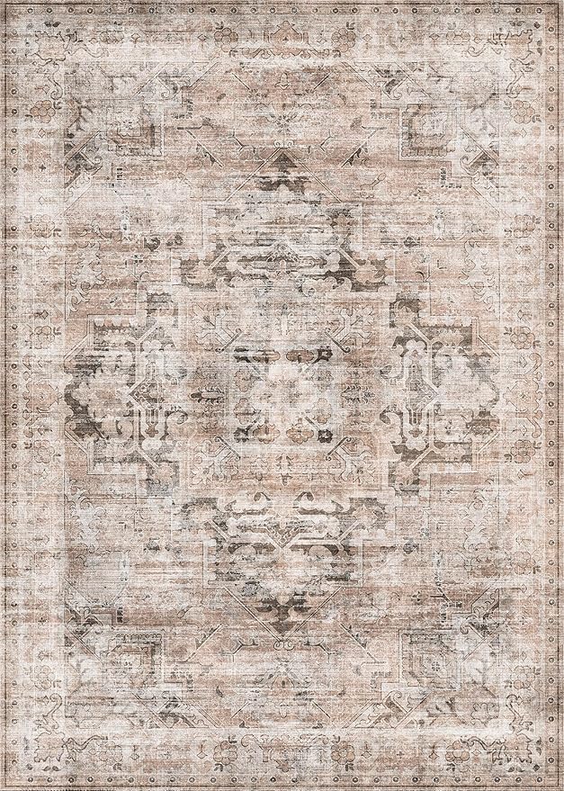 GENIMO 8x10 Area Rugs for Living Room, Machine Washable Non Slip Vintage Rugs, Low Pile Lightweight Chenille Print Rug for Bedroom, Dining Room, Home Office, Brownish Drab