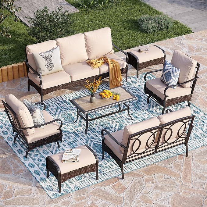 PHI VILLA Extra Large Outdoor Modern Patio Furniture Set, Upgraded Wicker&Metal Patio Furniture Conversation Set with Waterproof Thick Cushions for Porch, Poolside, Deck, and Yard(7 Pieces,Beige)