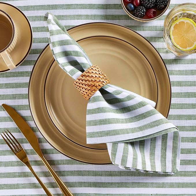 Solino Home Linen Cloth Napkins Set of 4-100% Pure Linen Green and White Striped Dinner Napkins 20 x 20 Inch for Fall, Autumn, Christmas - Amalfi Stripe, Handcrafted and Machine Washable