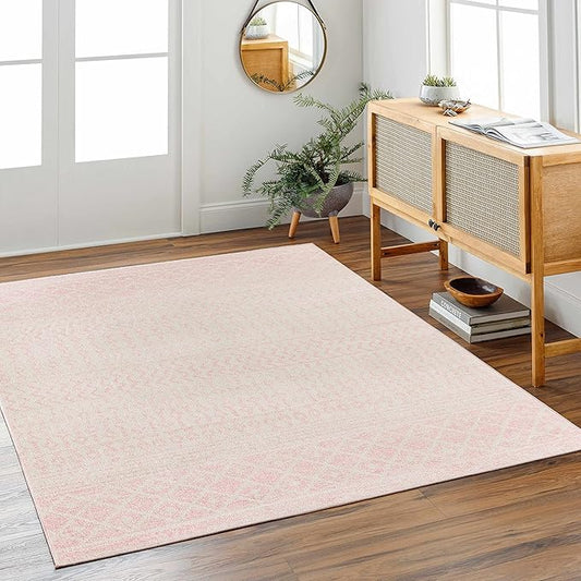 Blush & Light Pink Collection Keizer Farmhouse Moroccan Geometric Area Rug - Boho Aztec Tribal Carpet for Living Room - Blush, LightGray - 18" x 18" Sample