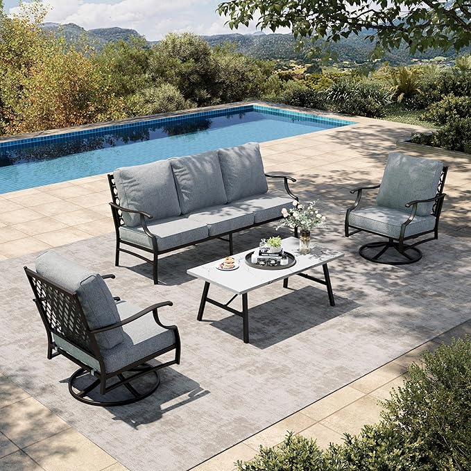 HERA'S HOUSE 4 Piece Patio Furniture Set, 2 x Swivel Cushioned Chair, 3-Seat Sofa with Marbling Coffee Table, All Weather Outdoor Conversation Set for Lawn Garden Backyard, Grey