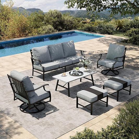 HERA'S HOUSE 6 Piece Patio Furniture Set, 2 x Swivel Cushioned Chair, 2 x Cushioned Ottoman, 1 x 3-Seat Sofa with Marbling Coffee Table, Outdoor Conversation Set for Lawn Garden Backyard, Gey