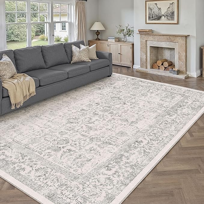 Gray Area Rug 10x14 Machine Washable Large Vintage Living Room Distressed Non Slip Carpet Traditional Indoor Bedroom Grey Retro Floral Accent Throw Rug for Office Kitchen Dining Room