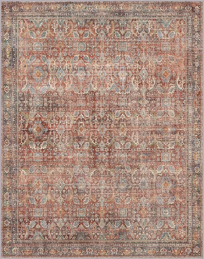 GENIMO 9x12 Area Rugs for Living Room, Machine Washable Non Slip Vintage Rugs, Low Pile Lightweight Chenille Print Rug for Bedroom, Dining Room, Home Office, Terracotta Indigo