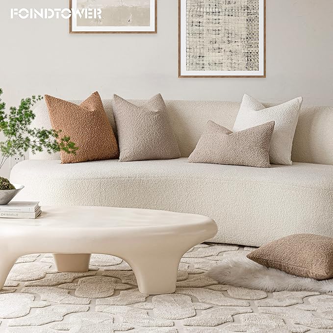 Foindtower Pack of 2 Textured Boucle Throw Pillow Covers Accent Solid Lumbar Pillow Cases Cozy Soft Decorative Couch Cushion Case for Chair Sofa Bedroom Living Room Home Decor, 12 x 20 Inch,Oatmeal