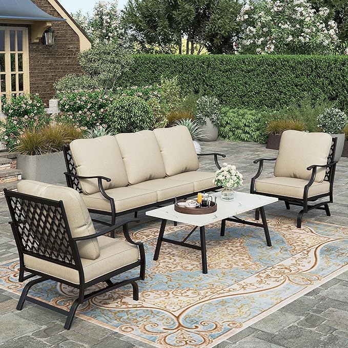 HERA'S HOUSE 4 Piece Patio Furniture Set, 2 x Rocking Metal Frame Cushioned Chair, 3-Seat Sofa with Marbling Coffee Table, All Weather Outdoor Conversation Set for Lawn Garden Backyard
