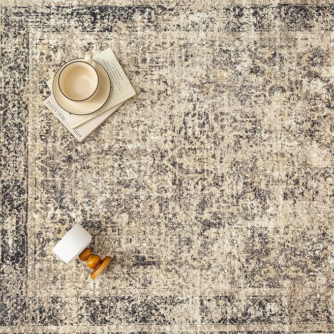 9x12 Area Rug Washable Vintage Neutral Living Room Carpet Large Indoor Non Slip Brown Bedroom Distressed Low Pile Retro Accent Throw Rug for Dining Room