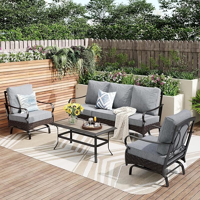 PHI VILLA Outdoor Modern Patio Furniture Set, Upgraded Wicker&Metal Patio Furniture Conversation Set with Waterproof Thick Cushions for Porch, Poolside, Deck, and Yard (4 Pieces,Grey)