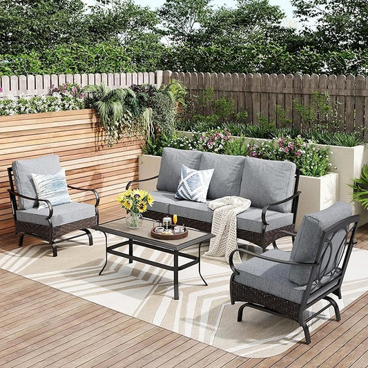 PHI VILLA Outdoor Modern Patio Furniture Set, Upgraded Wicker&Metal Patio Furniture Conversation Set with Waterproof Thick Cushions for Porch, Poolside, Deck, and Yard (4 Pieces,Grey)