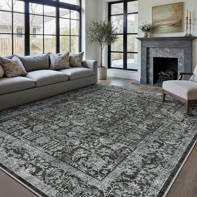 Dark Black Area Rug 9x12 Machine Washable Large Vintage Living Room Distressed Non Slip Carpet Traditional Indoor Bedroom Retro Floral Accent Throw Rug for Office Kitchen Dining Room