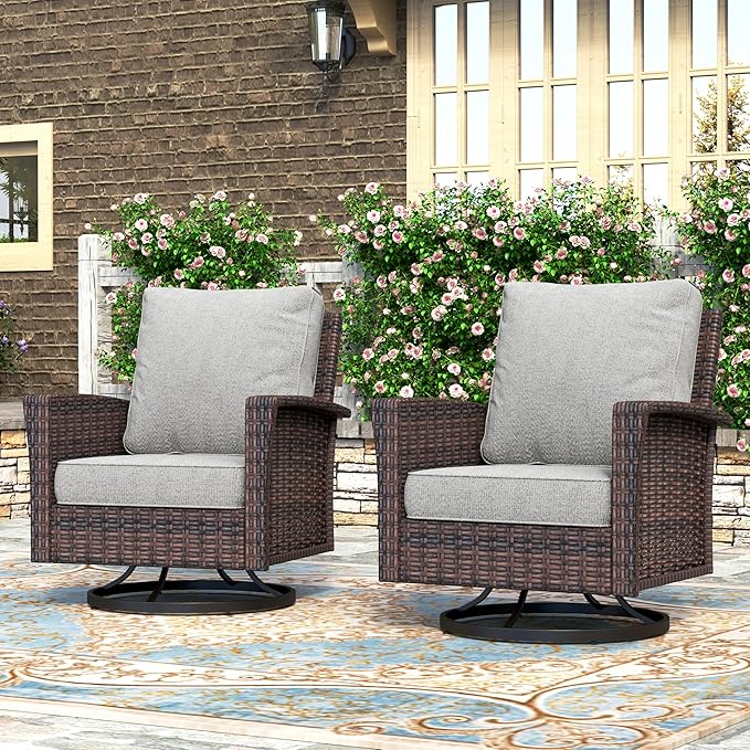 High Back Outdoor Swivel Chairs with 5.5" Thick Cushions, Wicker Rattan Patio Chairs Set of 2, Porch Deck Balcony Backyard Furniture, Grey