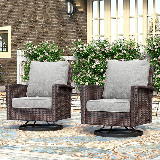 High Back Outdoor Swivel Chairs with 5.5" Thick Cushions, Wicker Rattan Patio Chairs Set of 2, Porch Deck Balcony Backyard Furniture, Grey