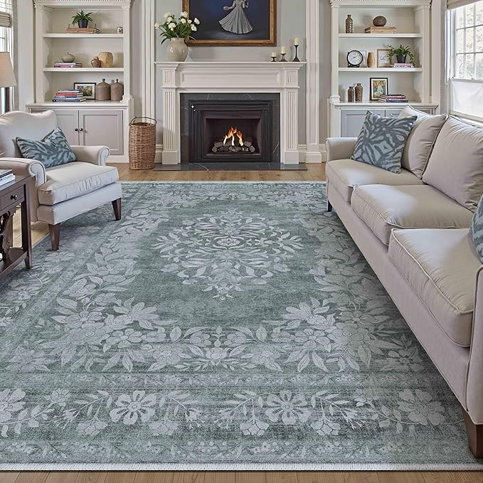 9x12 Area Rug Gray Washable Vintage Distressed Living Room Carpet Large Bedroom Indoor Medallion Floral Non Slip Retro Throw Floor Mat for Office Dining Room Kitchen Bathroom