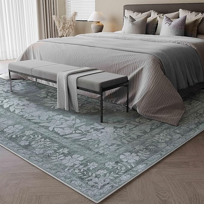 3x5 Area Rug Gray Washable Office Vintage Distressed Carpet Bedroom Indoor Medallion Floral Living Room Non Slip Retro Throw Floor Mat for Dining Room Kitchen Bathroom