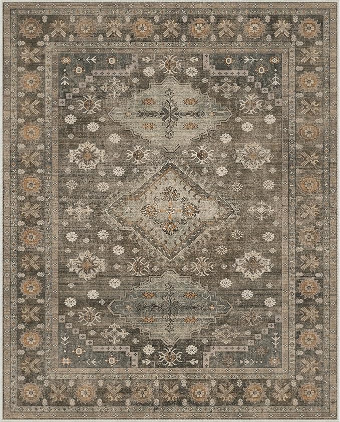GENIMO 8x10 Area Rugs for Living Room, Machine Washable Low Pile Rugs, Non Slip Vintage Rug for Bedroom, Dining Room, Home Office, Kitchen, Distressed Deep Brown