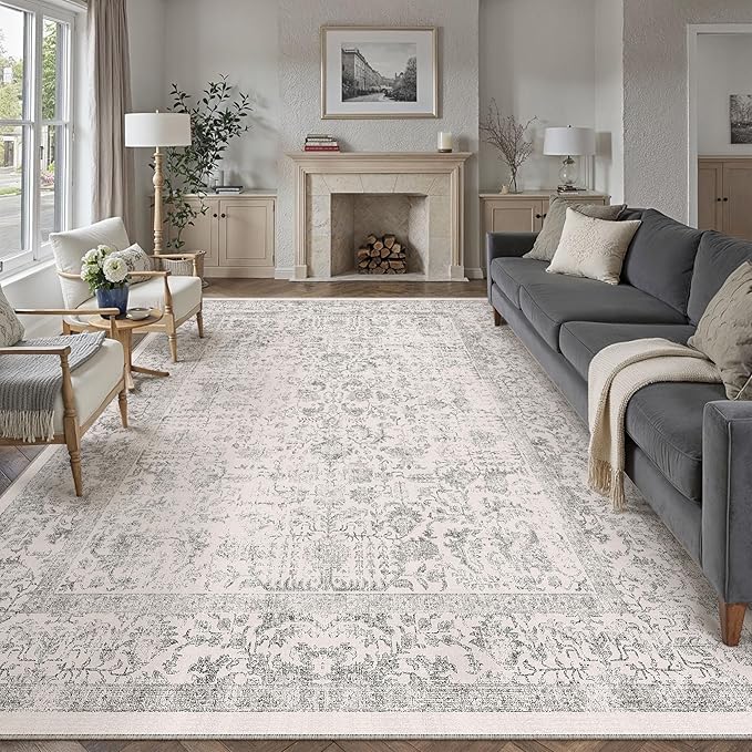 Gray Area Rug 10x14 Machine Washable Large Vintage Living Room Distressed Non Slip Carpet Traditional Indoor Bedroom Grey Retro Floral Accent Throw Rug for Office Kitchen Dining Room