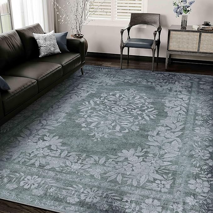 9x12 Area Rug Gray Washable Vintage Distressed Living Room Carpet Large Bedroom Indoor Medallion Floral Non Slip Retro Throw Floor Mat for Office Dining Room Kitchen Bathroom