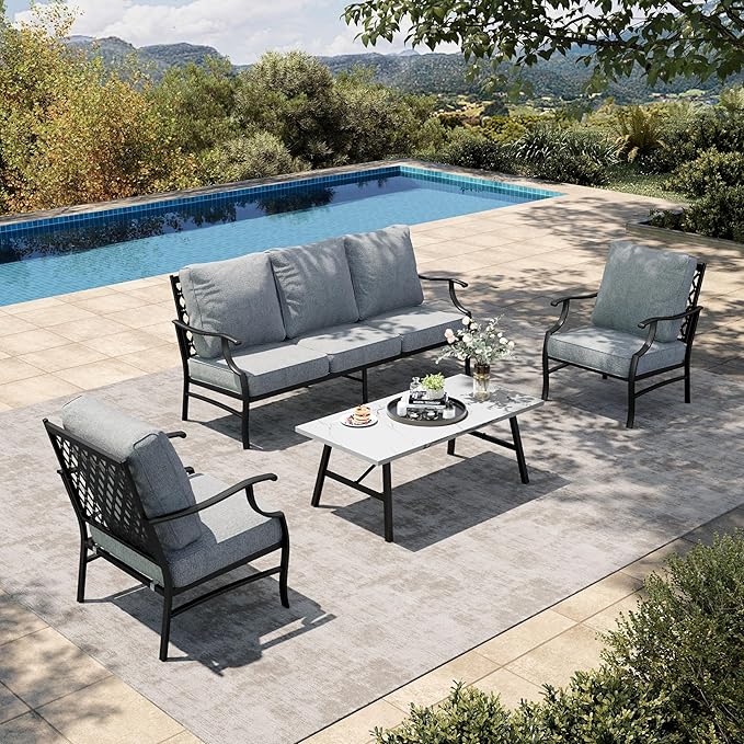 HERA'S HOUSE 4 Piece Patio Furniture Set, 2 x Metal Frame Cushioned Chair, 3-Seat Sofa with Marbling Coffee Table, All Weahter Outdoor Conversation Set for Lawn Garden Backyard, Grey