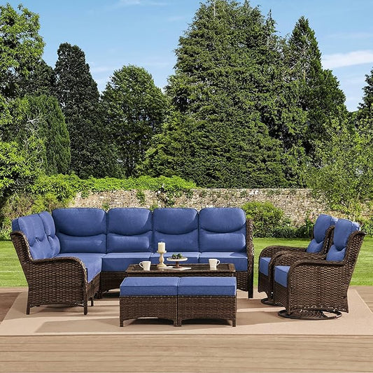 HILLGA Luxury High Back Patio Furniture Set with 6-Inch Thick Cushion, 6-Piece Outdoor Conversation Set with Corner Sofa, Swivel Rocker Chairs & Ottomans, Ideal for Porch Pool Deck Yard (Blue)