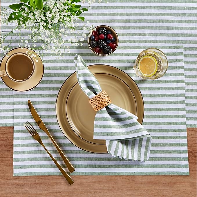 Solino Home Linen Cloth Placemats Set of 4 - Amalfi Stripe 100% Pure Linen Green and White Farmhouse Placemats 14 x 19 Inch for Fall, Autumn, Christmas, Holiday