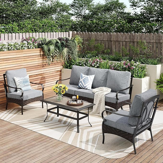 PHI VILLA Outdoor Modern Patio Furniture Set, Upgraded Wicker&Metal Patio Furniture Conversation Set with Waterproof Thick Cushions for Porch, Poolside, Deck, and Yard (4 Pieces,Grey)