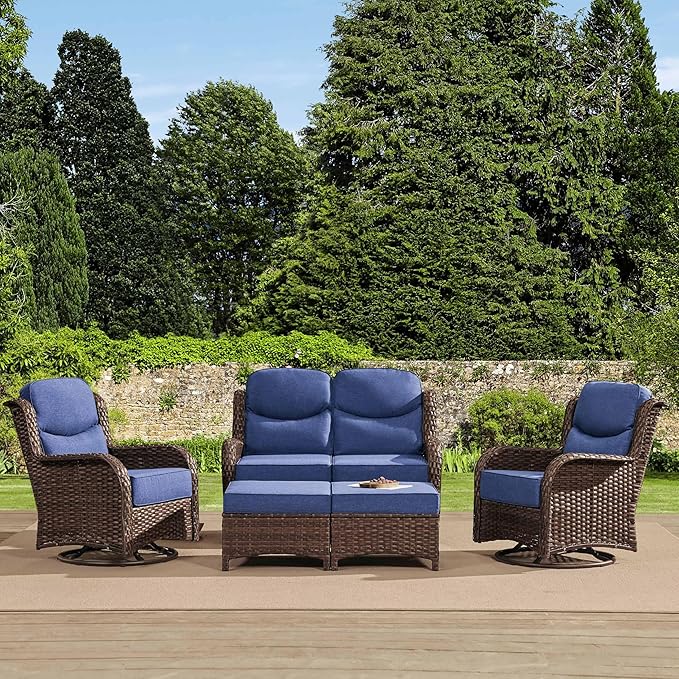 HILLGA Luxury High Back Patio Furniture Set with 6-Inch Thick Cushion, 5-Piece Outdoor Conversation Set with Loveseat, Swivel Rocker Chairs & Ottomans, Ideal for Porch Pool Deck Yard (Blue)