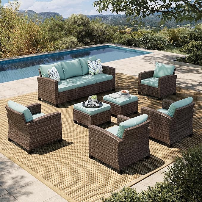 HERA'S HOUSE Outdoor Patio Furniture Set, 7 Pieces Wicker Patio Conversation Sets, Outside Sectional Sofa Set for Lawn Backyard Porch, Brown/Blue