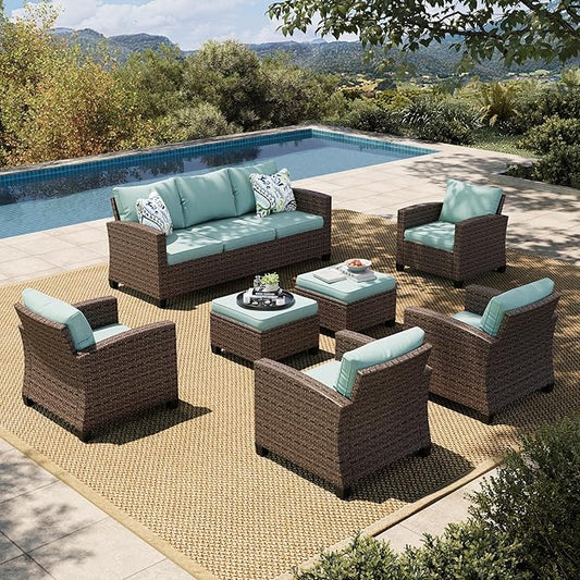 HERA'S HOUSE Outdoor Patio Furniture Set, 7 Pieces Wicker Patio Conversation Sets, Outside Sectional Sofa Set for Lawn Backyard Porch, Brown/Blue