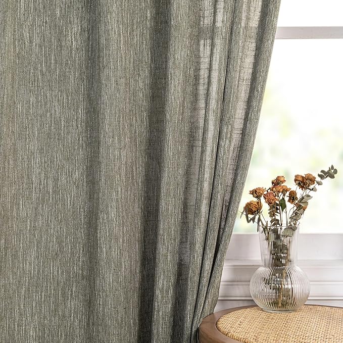 MYSKY HOME Short Curtains for Bedroom Semi Sheer Light Filtering Privacy Drapes for Small Window Linen Look Textured Boho Home Decor Backdrop Curtain for Parties, 50" x 63", Olive Green, 2 Panels