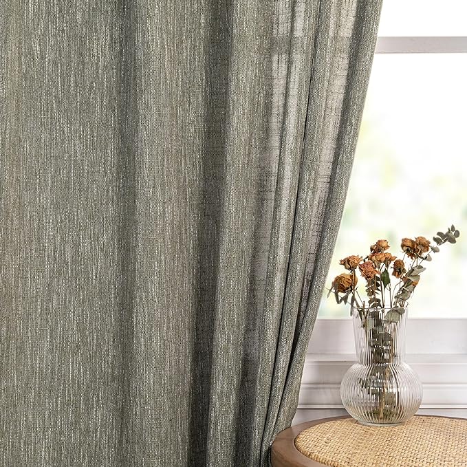 MYSKY HOME 95 Inch Curtains Farmhouse Light Filtering Privacy Curtain Drapes for Patio Door Living Room, Linen Look Texture Fabric Bohemian Draperies Soft Touch, 50x95, Olive Green, 2 Panels
