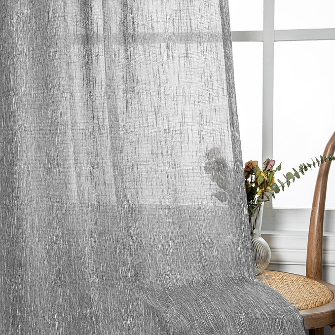 MYSKY HOME Living Room Curtains 2 Panels Boho Semi Sheers Long Drapes Light Filtering for Bedroom Windows, Linen Look Texture Soft Cotton Blend Fabric, 50" Wide x 90" Long, Dark Grey, 2 Panels