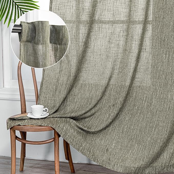 MYSKY HOME 95 Inch Curtains Farmhouse Light Filtering Privacy Curtain Drapes for Patio Door Living Room, Linen Look Texture Fabric Bohemian Draperies Soft Touch, 50x95, Olive Green, 2 Panels